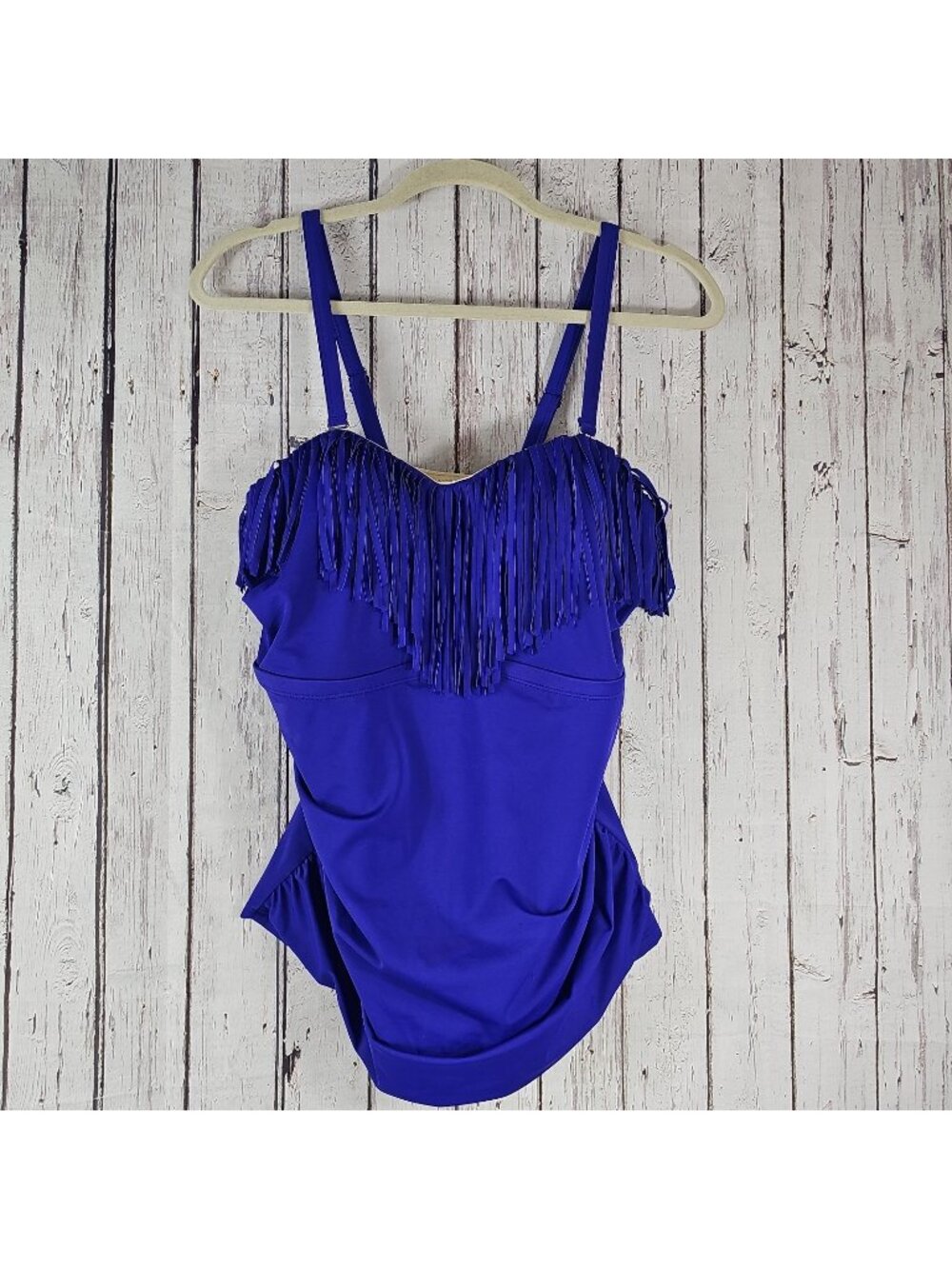 Swimsuits For All Tankini Top Plus Sz 16 Blue Fringed Built in Bra Festival New